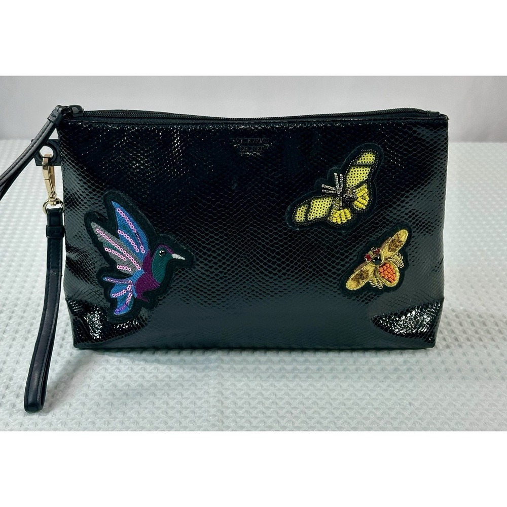 Victoria's Secret Black Snake Print Wristlet Clutch with Beaded Insect Patches